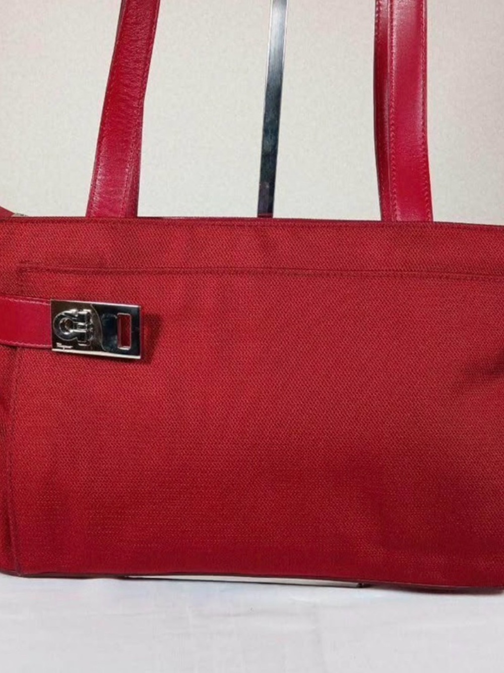 Red Canvas Tote Bag with Silver Hardware